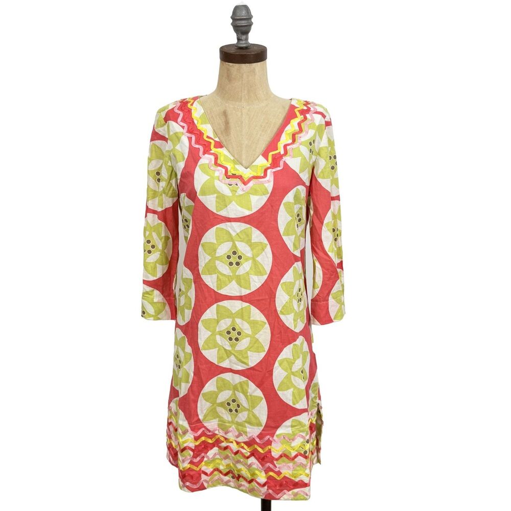 BODEN Ibiza Geo Print Cotton Swim Coverup Dress 8 Lime Pink Vacation B70